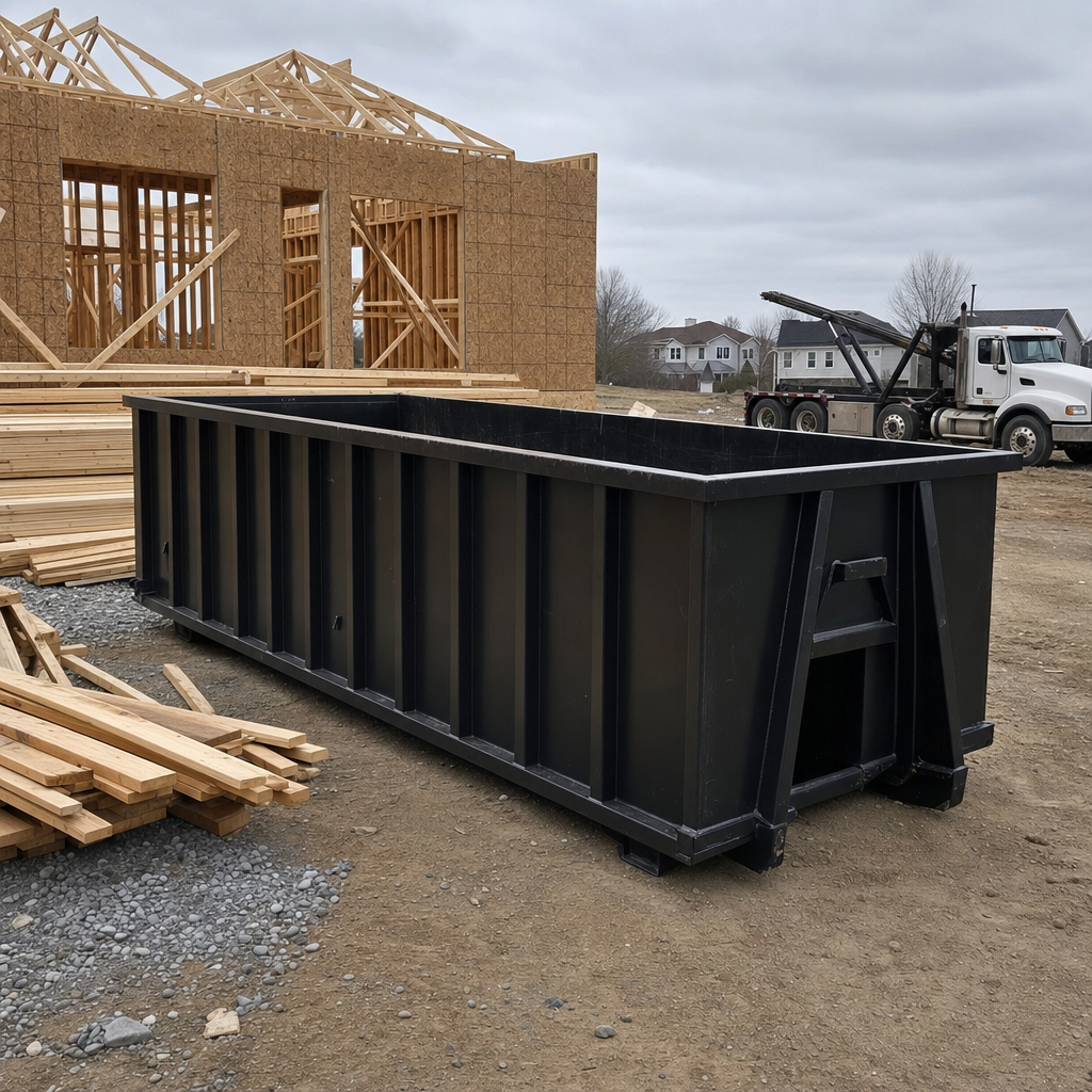 Matte-black 40-yard roll-off dumpster staged on a framed-out residential construction site in Sunrise, framing lumber stacked nearby, hooklift delivery truck visible in the background under bright Colorado daylight