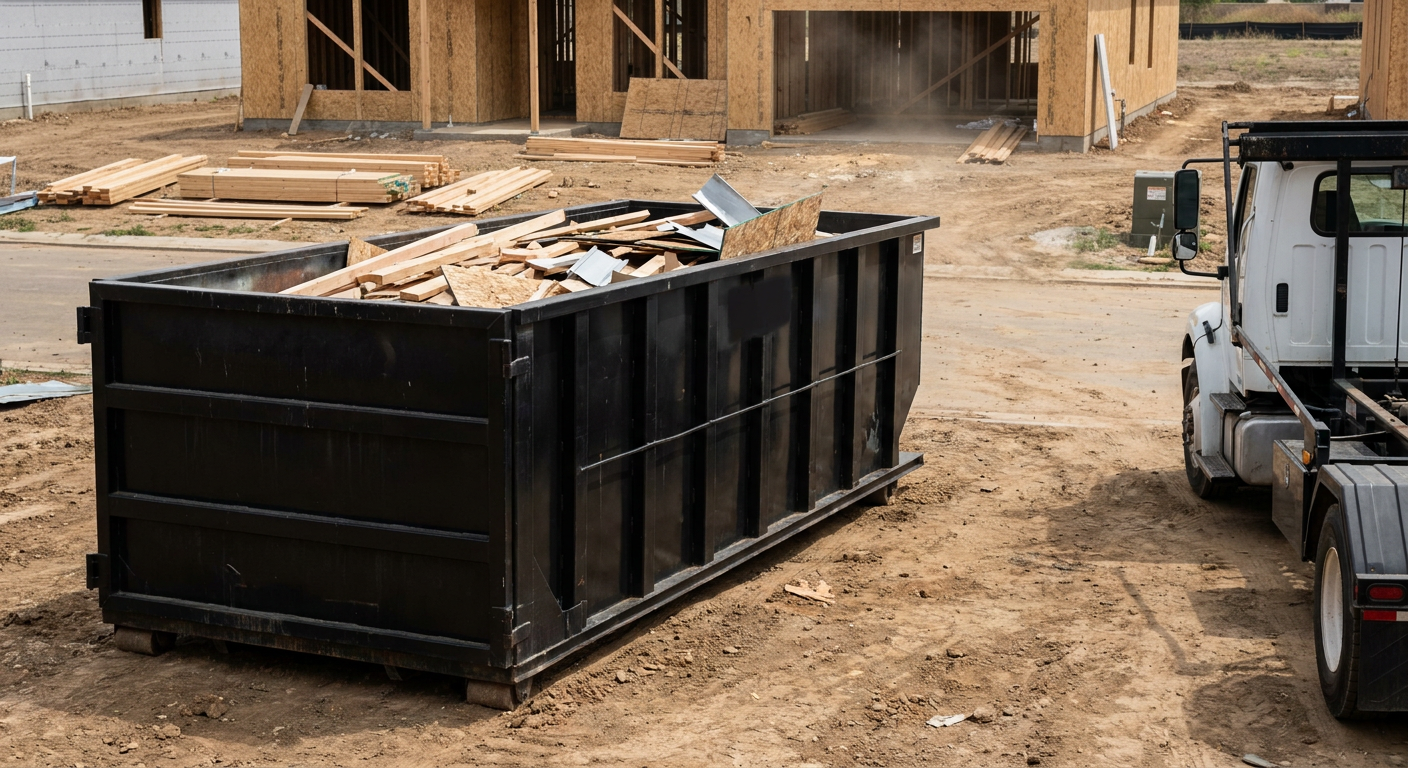 Matte-black 20-yard roll-off construction dumpster with heavy ribbed steel sidewalls and swing rear doors at a working jobsite in Sunrise, sitting directly on compacted dirt with an unmarked white hauler partially visible at the far edge of the frame.