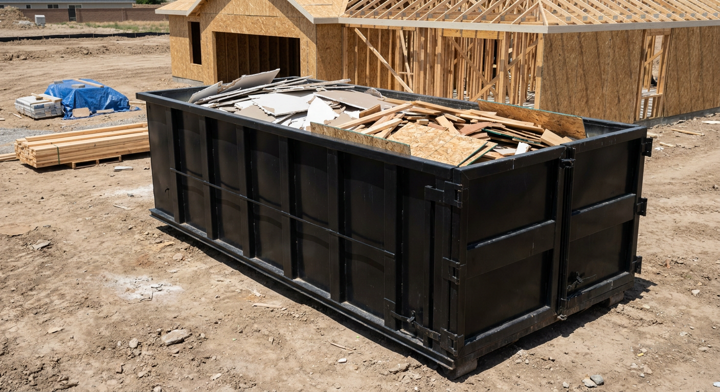 Matte-black 30-yard roll-off construction dumpster sitting directly on the compacted-dirt site of a framed single-family home build in Sunrise, drywall and lumber scrap loaded inside.