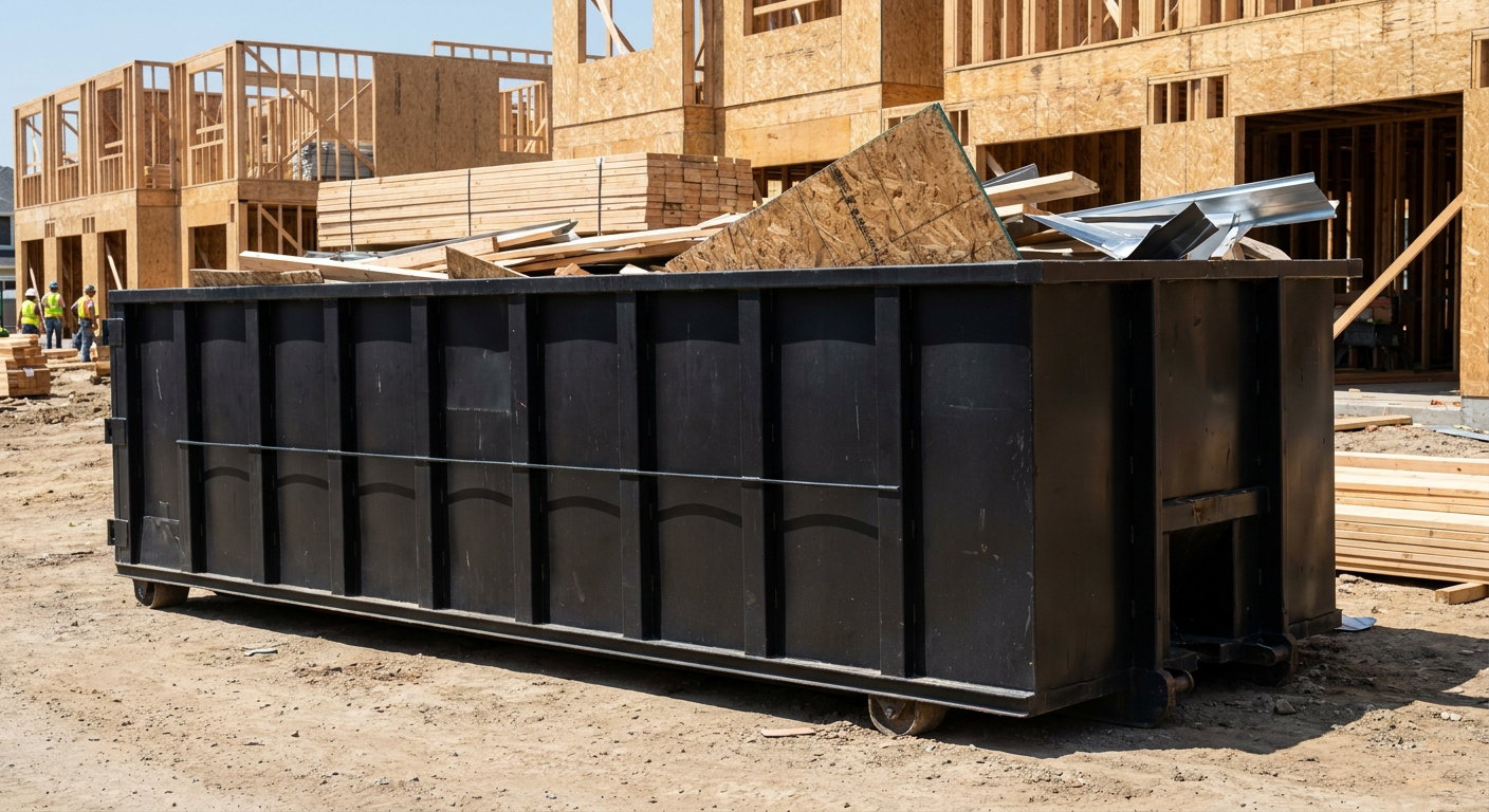 Matte-black 40-yard roll-off construction dumpster being lowered from a white-cab hooklift delivery truck onto the compacted-dirt jobsite at a commercial build site in Sunrise