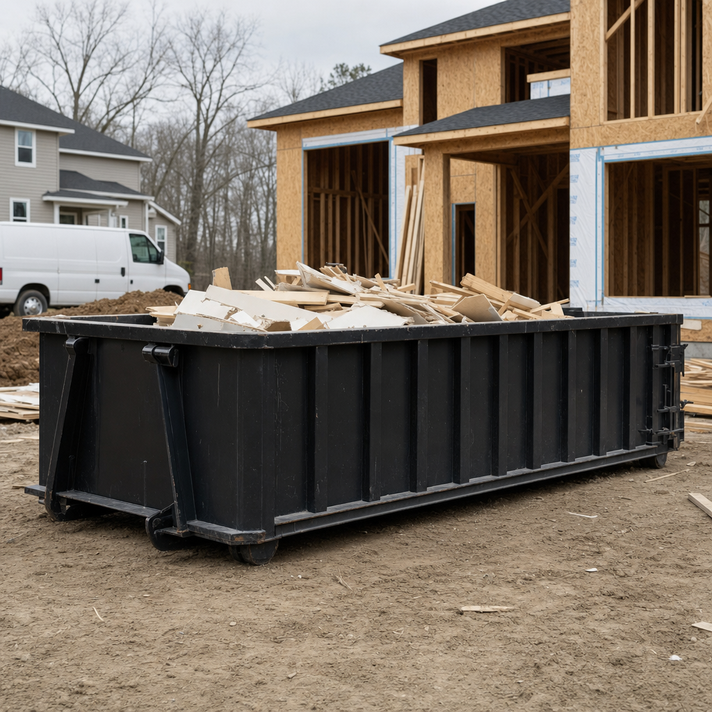 Worker in a yellow high-visibility vest tossing framing lumber and broken drywall into a matte-black 30-yard construction roll-off dumpster on an active build site in Sunrise, bright daylight