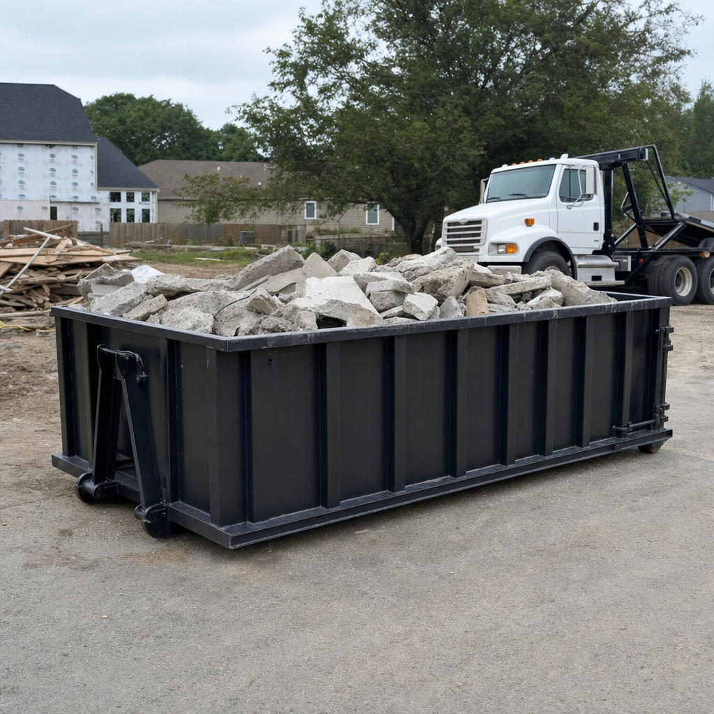 Low-profile matte-black lowboy roll-off dumpster loaded with broken concrete slab and rebar at a foundation tear-out in Sunrise, skid steer parked beside it, sunny Colorado morning