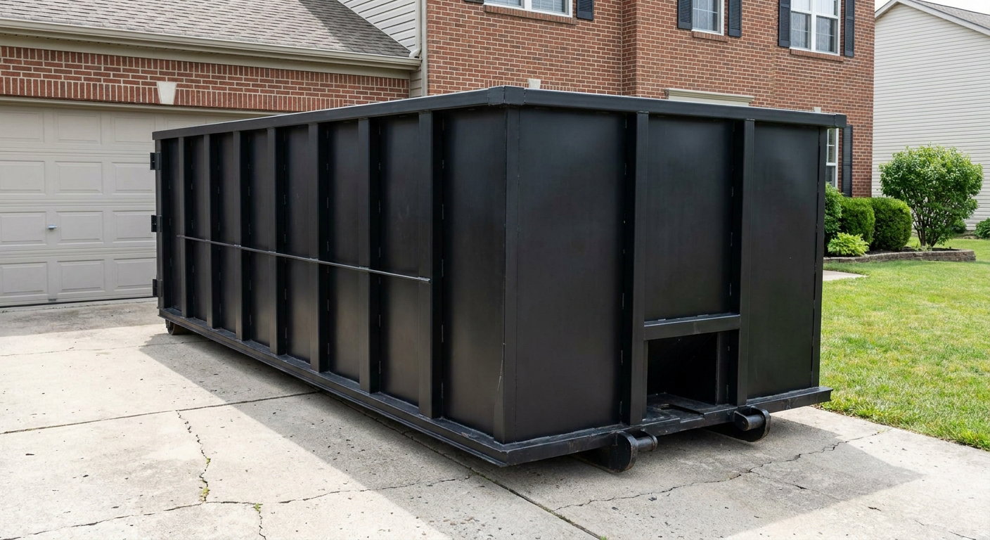 Matte-black 20-yard roll-off container on a Sunrise residential concrete driveway with reinforced ribbed steel sidewalls and a hinged rear walk-in door, clean bright daylight.