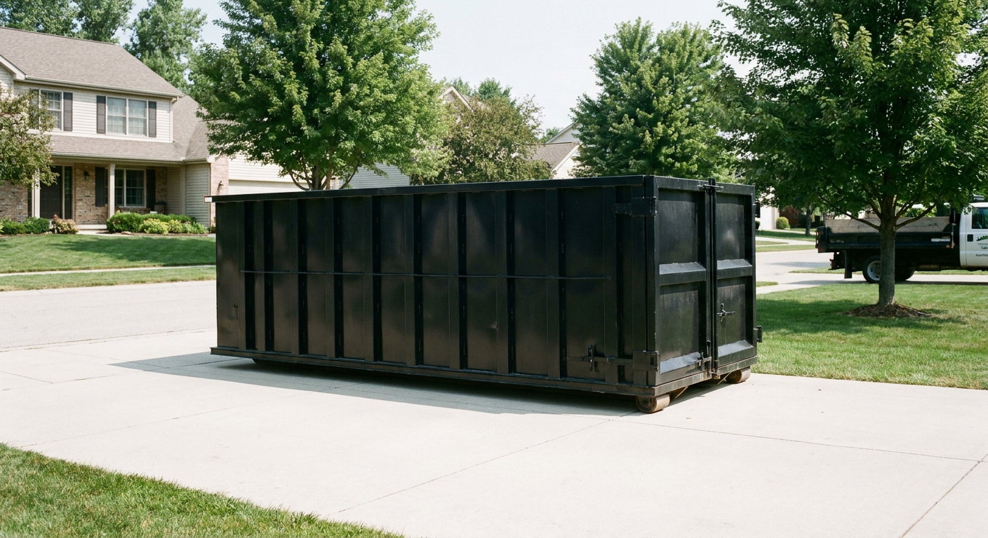 Matte-black 20-yard roll-off dumpster sitting level on a clean Sunrise residential concrete driveway under bright daylight, demonstrating clean placement directly on the concrete.