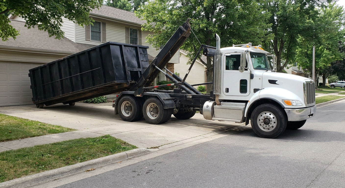 White-cab hooklift roll-off truck actively lowering a matte-black dumpster onto a Sunrise residential concrete driveway, the dumpster's rear wheels touching the driveway as the hoist arm tilts the bed forward, mid-morning daylight.