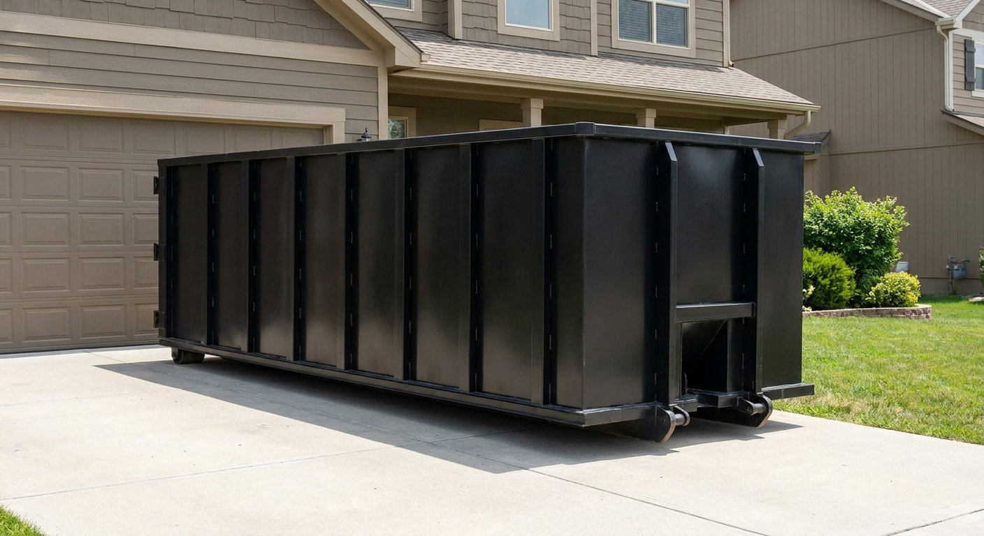 Matte-black residential roll-off dumpster sitting directly on a suburban Sunrise concrete driveway, garage door closed, single-family home in background, bright morning daylight.