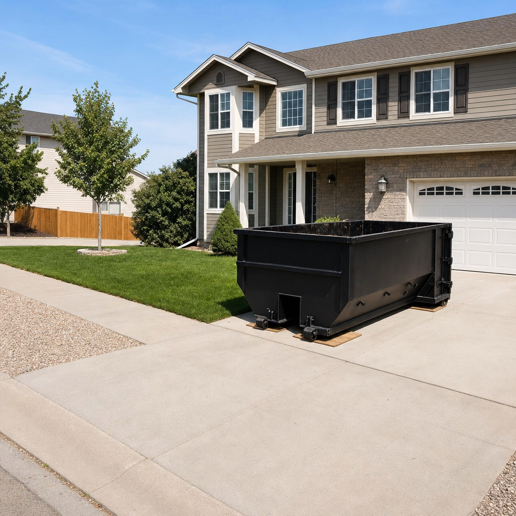 10-yard matte-black residential dumpster placed directly on a narrow Sunrise concrete driveway, room remains for a parked sedan beside it, mid-morning natural light