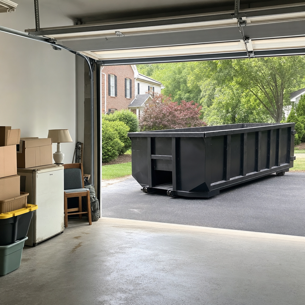 Open garage interior in a Sunrise home mid-cleanout — boxed items, an old appliance, and stacked yard tools queued near the driveway for a matte-black roll-off dumpster, organized and calm