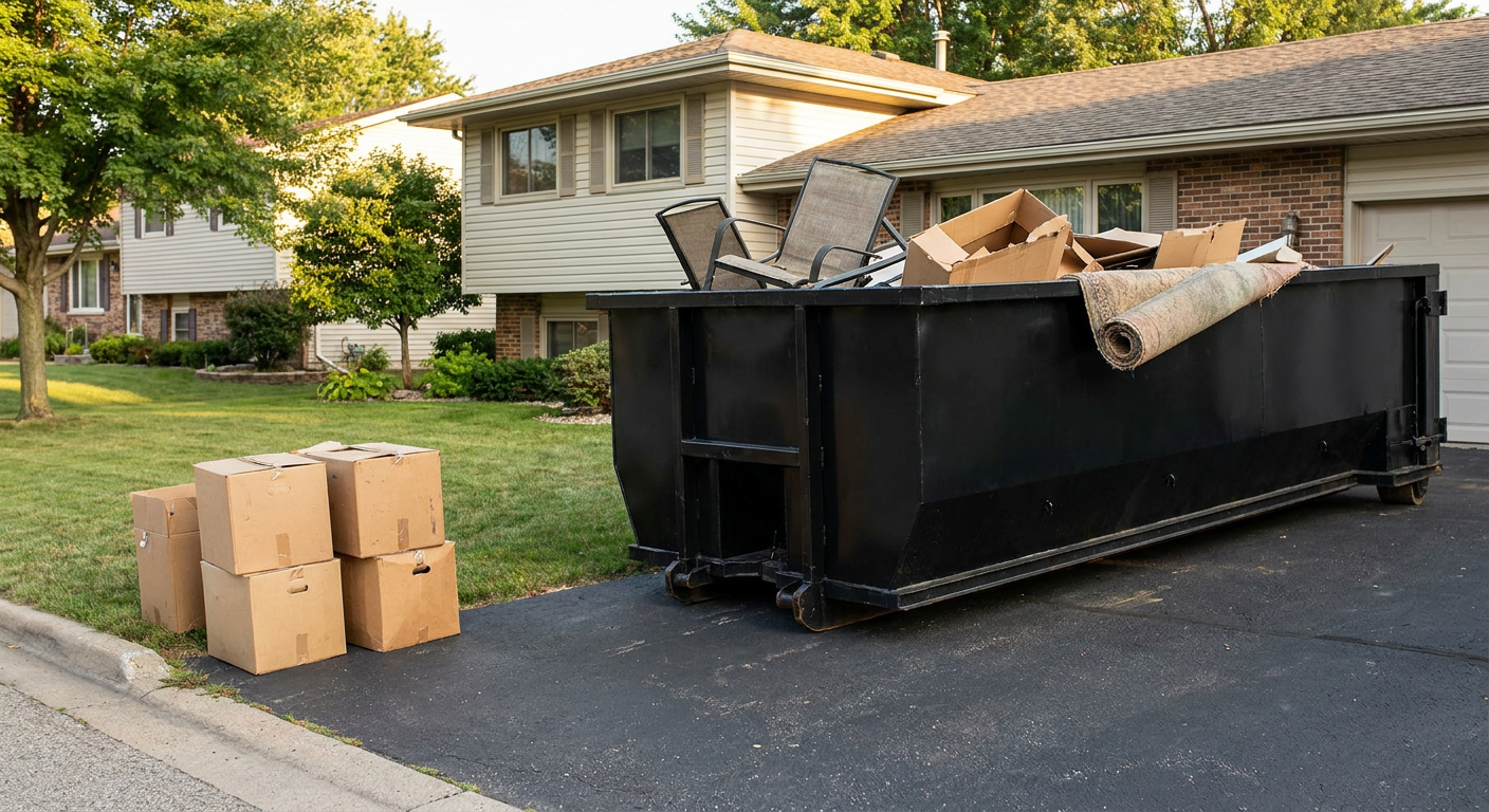 Front-yard view of a Sunrise split-level home with a 20-yard matte-black roll-off dumpster sitting directly on the asphalt driveway, a few clearly labeled donation boxes staged at the curb, calm sunny afternoon.