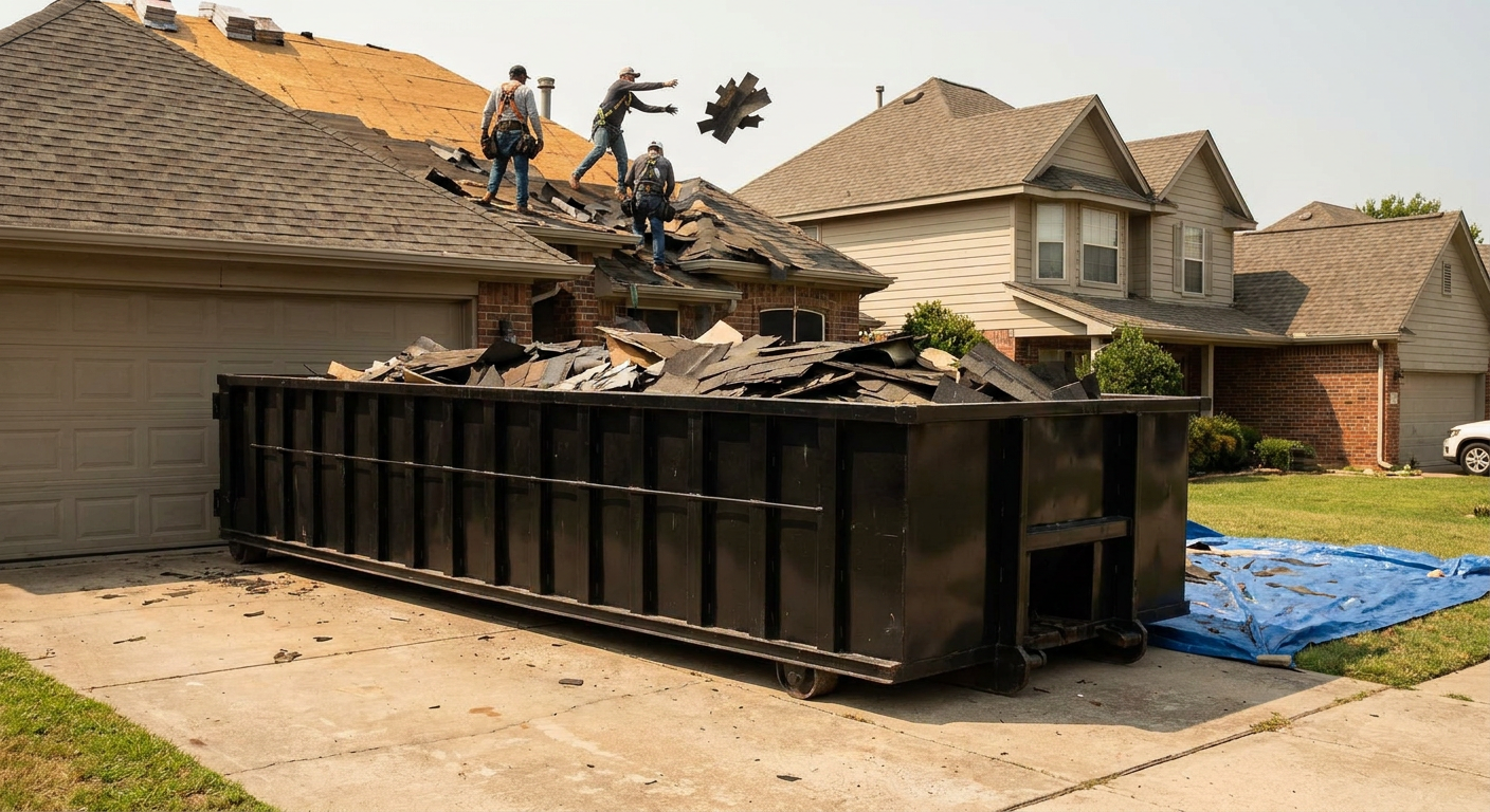Matte-black roofing roll-off dumpster placed directly on a Sunrise residential concrete driveway, a tear-off crew on a two-story asphalt-shingle roof tossing shingle bundles into the low-walled container, bright daylight, documentary 35mm perspective.