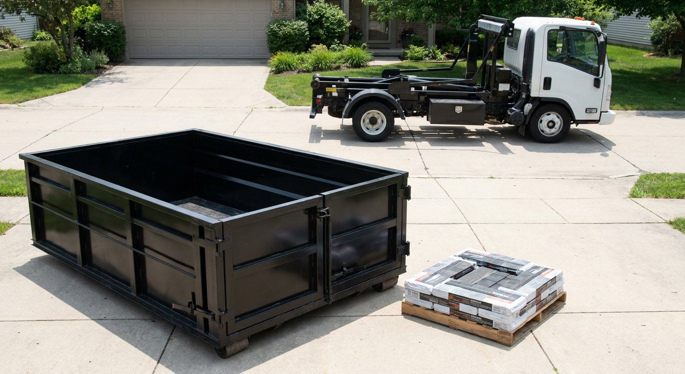 Matte-black 15-yard roofing roll-off dumpster with reinforced low side walls sitting directly on a Sunrise residential concrete driveway, three-tab asphalt shingle bundles stacked nearby, an unmarked white hauler truck partially visible at the edge of the frame.
