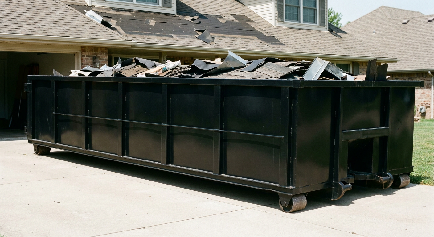 Matte-black 20-yard roofing roll-off dumpster with steel ribbed sides and swinging rear door, sitting directly on the concrete driveway of a two-story Sunrise home, asphalt shingle debris being loaded over the low wall, clean documentary lighting.