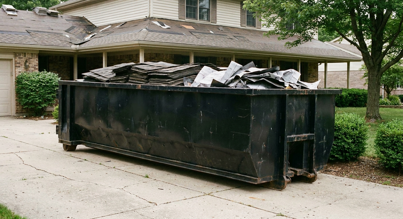 Matte-black 30-yard roofing roll-off dumpster sitting directly on a Sunrise concrete driveway, taller ribbed steel side panels, mixed tear-off debris of asphalt shingles and underlayment inside, professional documentary daylight.