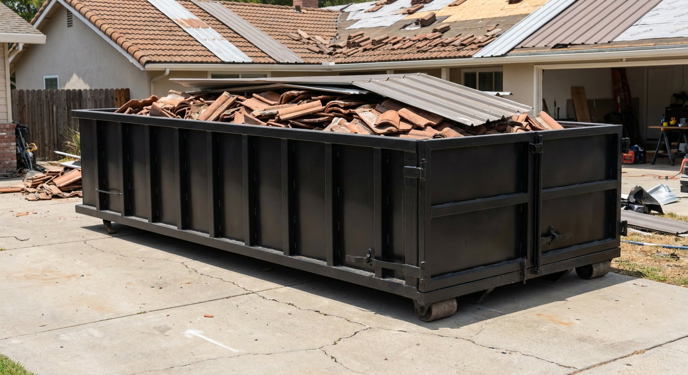 Matte-black low-wall heavy-debris roofing roll-off dumpster sitting directly on a Sunrise concrete driveway, broken concrete clay roof tiles and metal panel sections loaded inside, reinforced ribbed steel side walls visible, bright outdoor daylight.