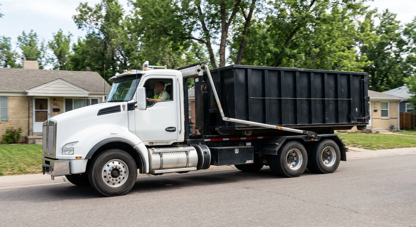 A wide documentary shot of a matte-black roll-off delivery truck pulling onto a quiet Sunrise residential street at mid-morning, with neighborhood rooftops and tree-lined blocks visible behind, showing the metro coverage footprint.