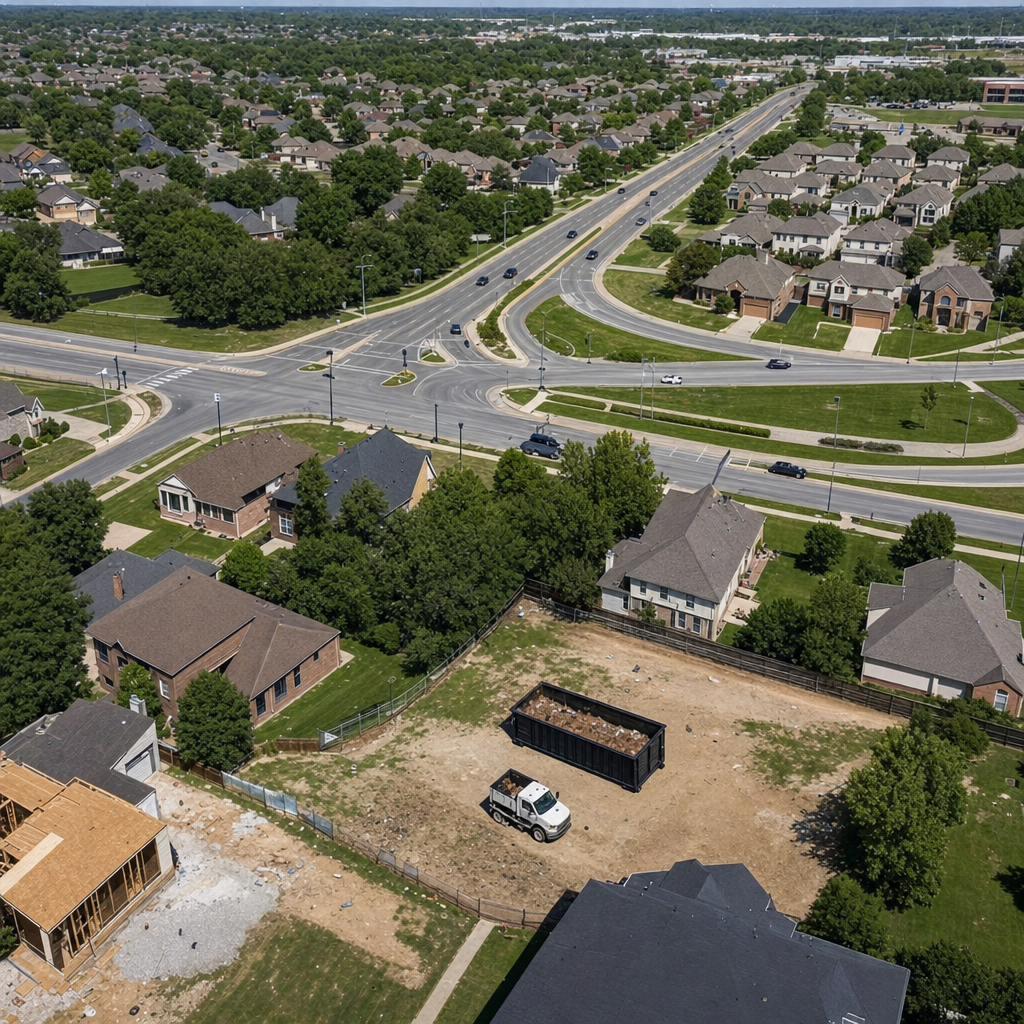 An overhead documentary view of the Sunrise metro area at midday, showing the spread of neighborhoods, arterial roads, and the dispatch radius from a central yard — clean daylight, organized geographic layout.