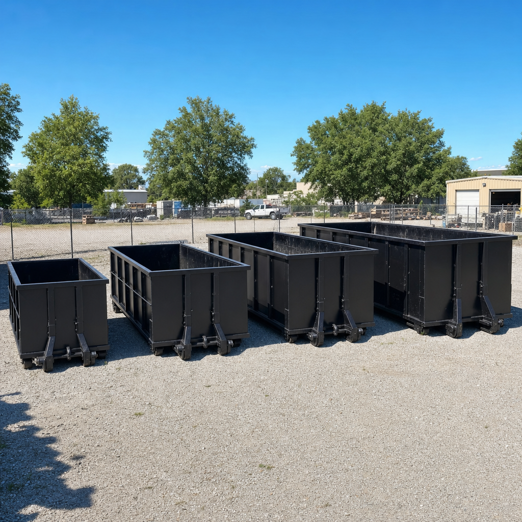 A clean lineup of matte-black roll-off dumpsters in 10, 20, 30, and 40-yard sizes staged on a sunlit gravel yard in Sunrise, showing the size progression from compact to commercial-scale containers.