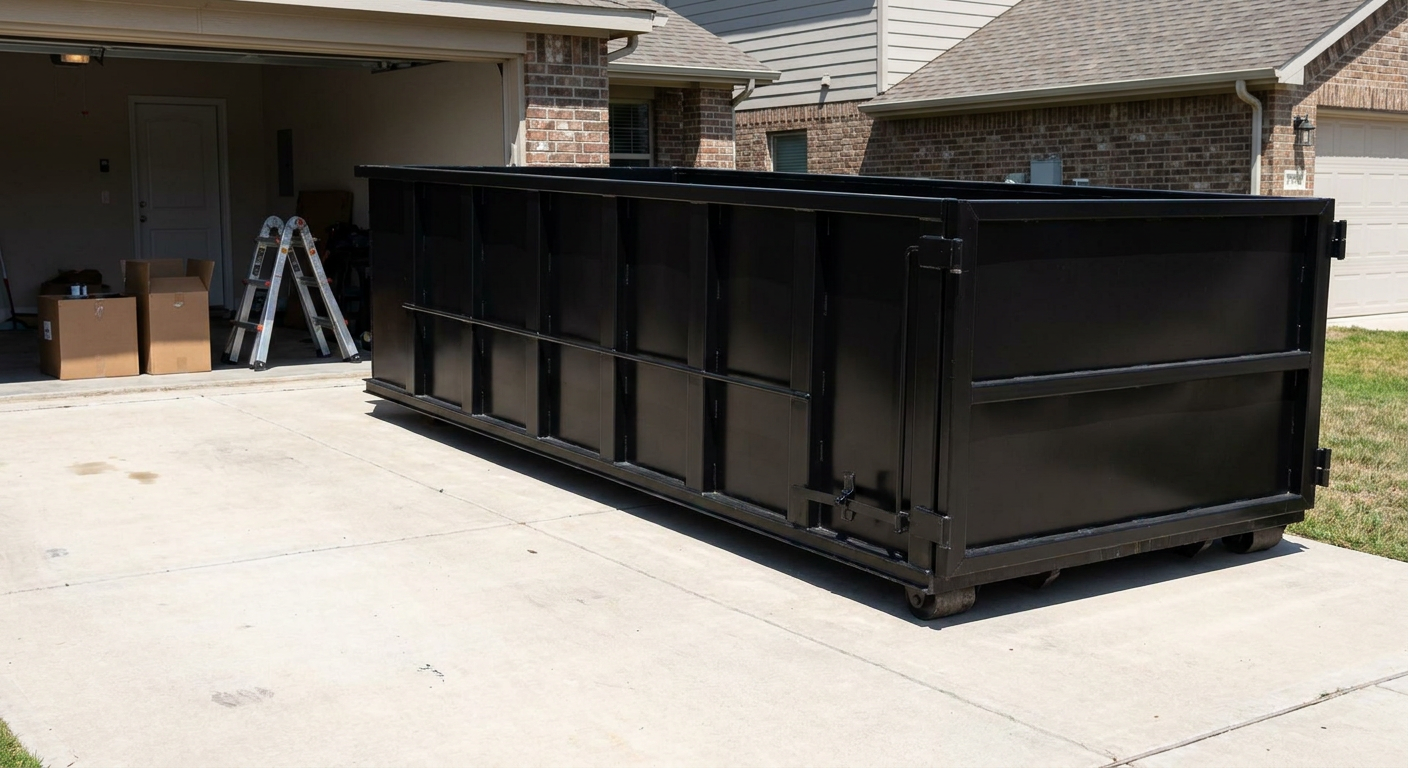 A matte-black 10-yard roll-off dumpster sitting directly on a residential Sunrise concrete driveway, mid-day sunlight, clean and ready for a garage cleanout.
