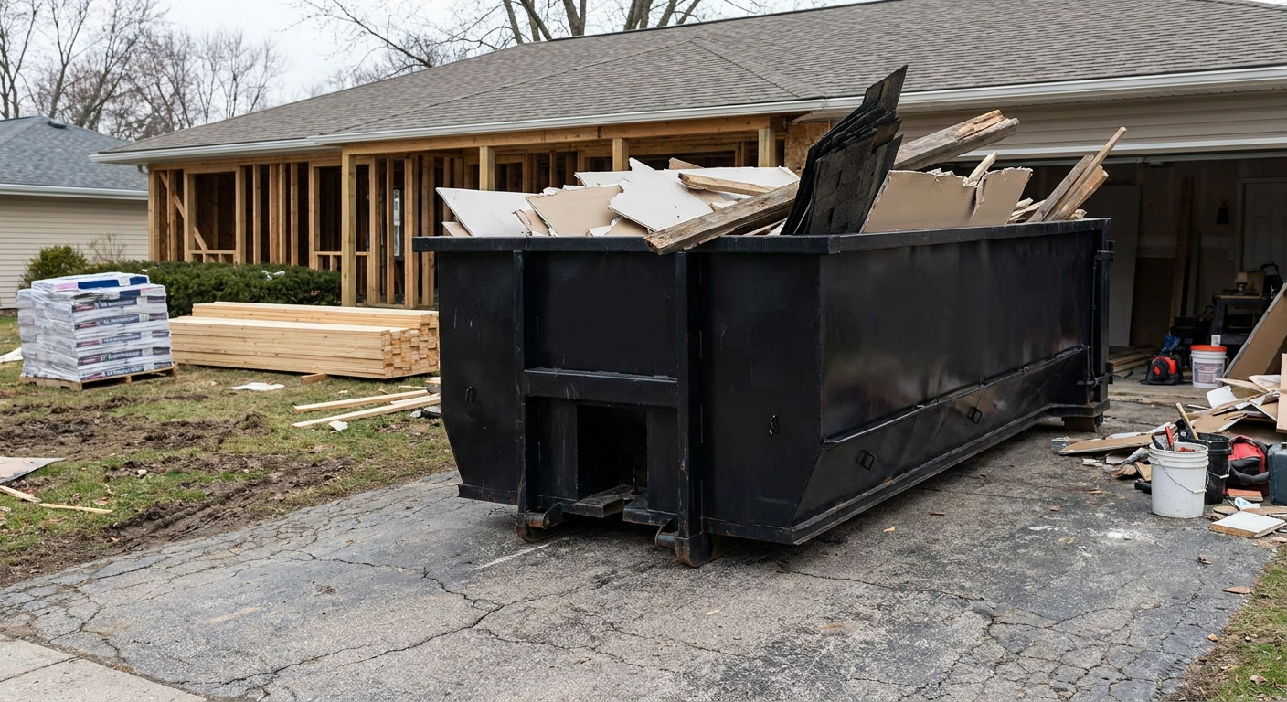 A matte-black 20-yard roll-off dumpster placed alongside a mid-renovation Sunrise home directly on the asphalt driveway, with framing materials and torn-off shingles staged neatly nearby.