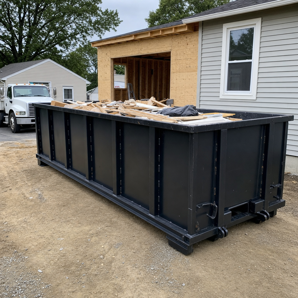 A matte-black 30-yard roll-off dumpster positioned at a Sunrise residential addition jobsite, with framing lumber and drywall scraps loaded through the open swinging rear doors.