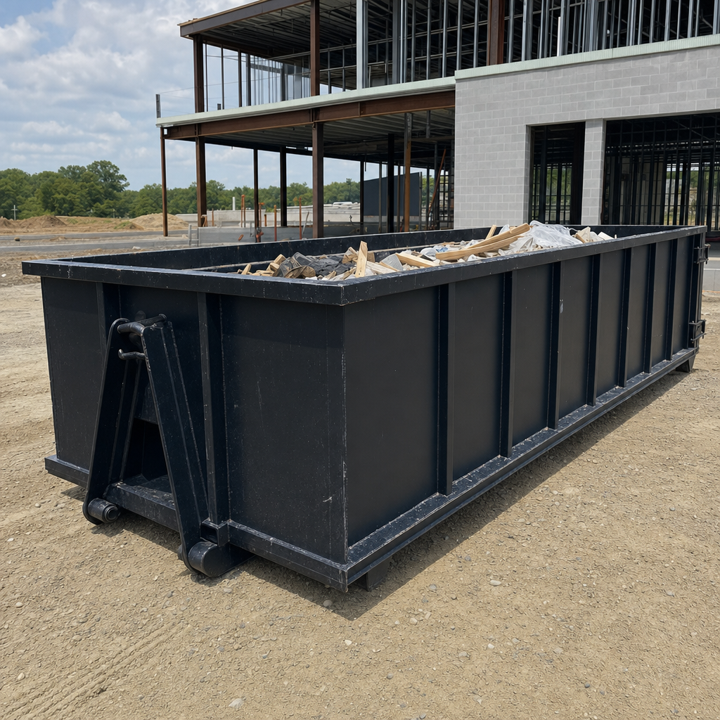 A matte-black 40-yard roll-off dumpster staged on a large Sunrise commercial construction lot, with a hooklift delivery truck parked alongside under bright midday sky.