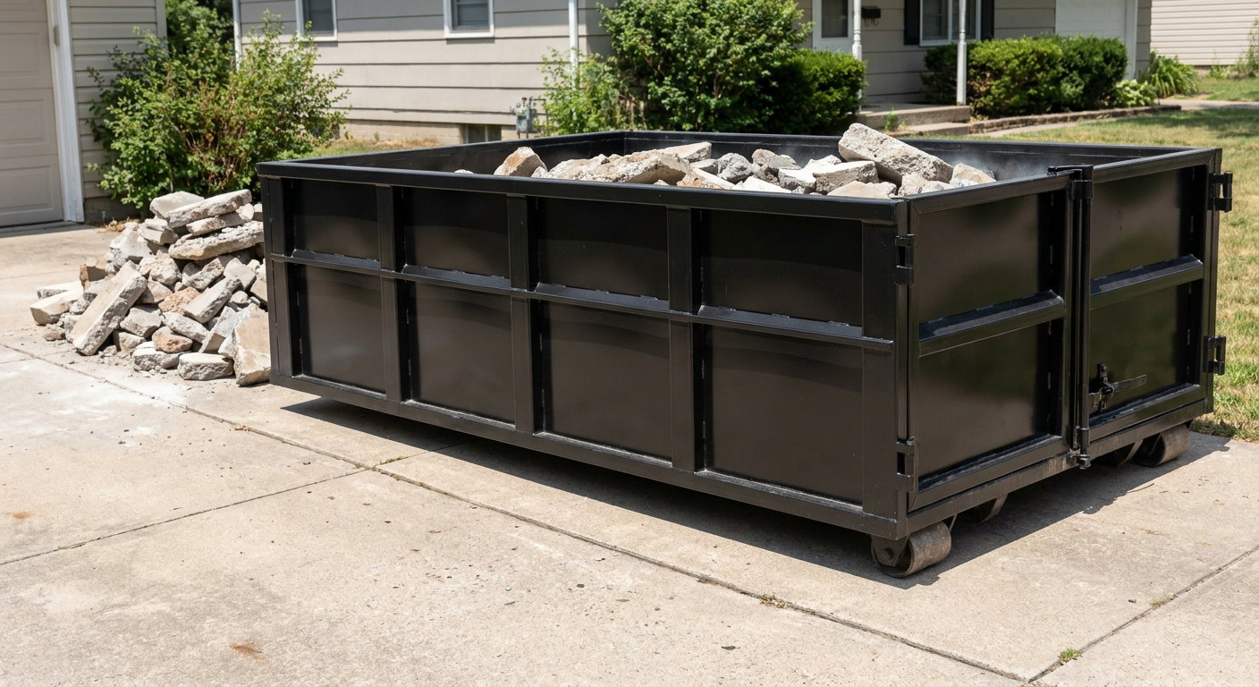 A matte-black low-side heavy-debris roll-off dumpster placed directly on a Sunrise concrete driveway, with broken concrete chunks neatly stacked beside it under clean daylight.